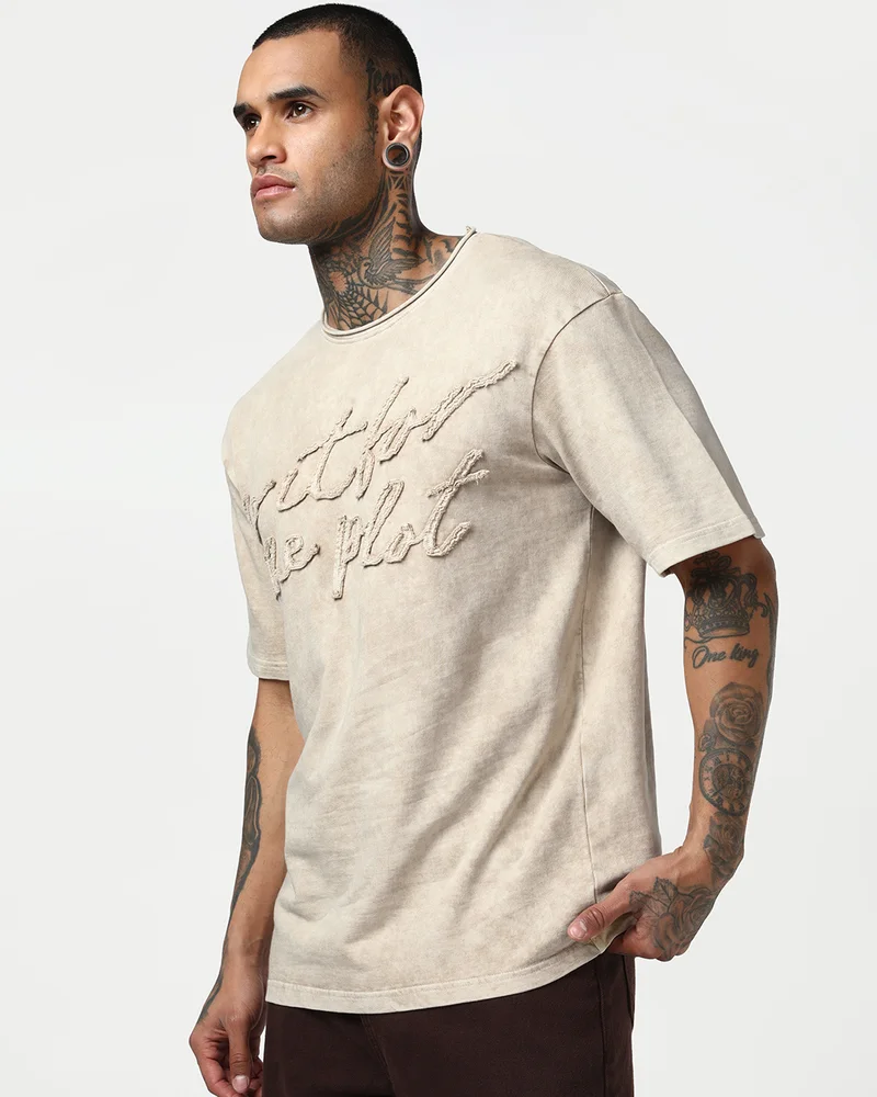 بيواكوف Men's Beige Applique Oversized Acid Wash T-shirt