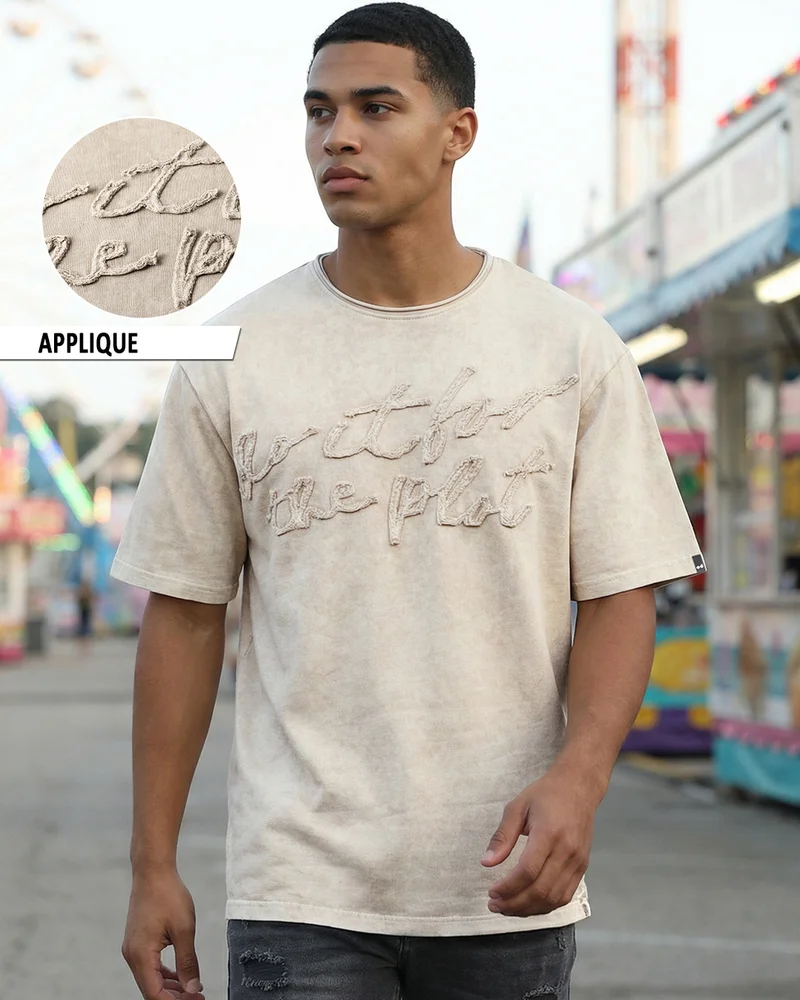 Men's Beige Applique Oversized Acid Wash T-shirt