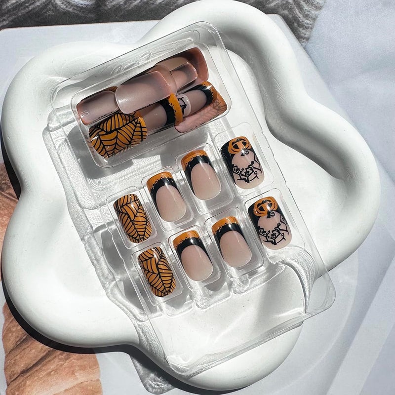 WULIUFLY Mountain region eligible ship Halloween Press on Nails Short Square Fake Nails French Tip Acrylic Nails Kit with Pumpkin Spider Web Design Full Cover Artificial False Nails Halloween Nails Short Glue on Nails for Women 24Pcs Simple multifunctional build - Image 5