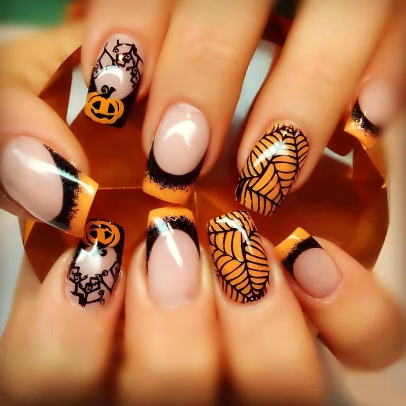 WULIUFLY Mountain region eligible ship Halloween Press on Nails Short Square Fake Nails French Tip Acrylic Nails Kit with Pumpkin Spider Web Design Full Cover Artificial False Nails Halloween Nails Short Glue on Nails for Women 24Pcs Simple multifunctional build - Image 1