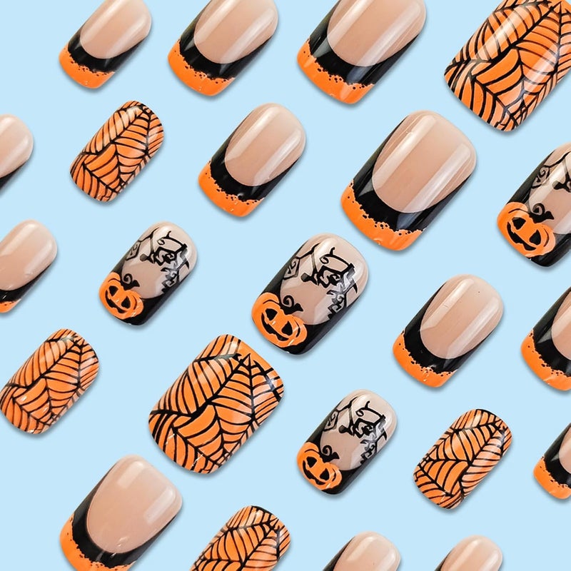 WULIUFLY Mountain region eligible ship Halloween Press on Nails Short Square Fake Nails French Tip Acrylic Nails Kit with Pumpkin Spider Web Design Full Cover Artificial False Nails Halloween Nails Short Glue on Nails for Women 24Pcs Simple multifunctional build - Image 4