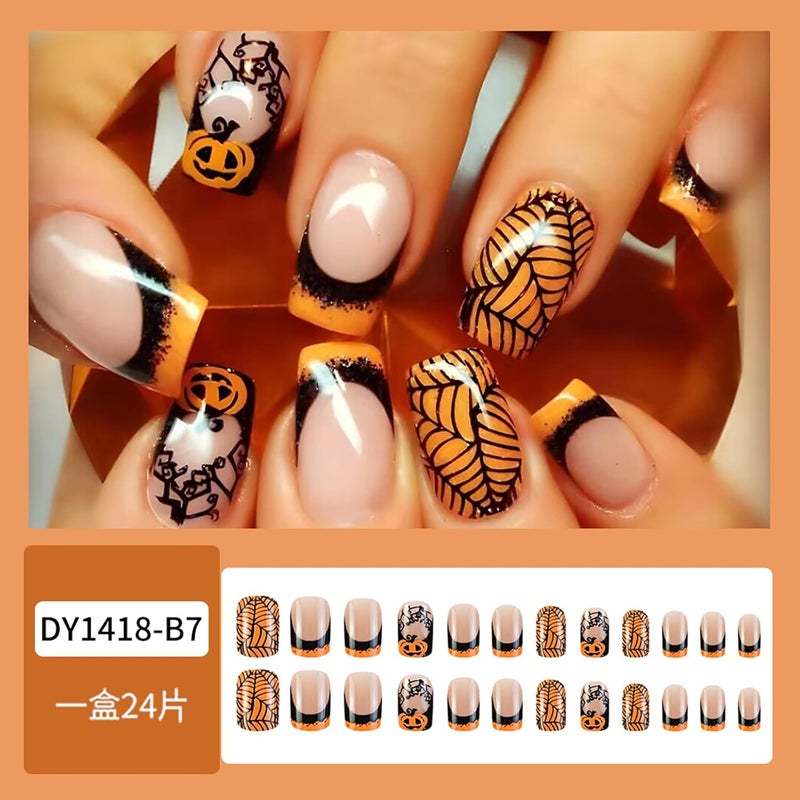 WULIUFLY Mountain region eligible ship Halloween Press on Nails Short Square Fake Nails French Tip Acrylic Nails Kit with Pumpkin Spider Web Design Full Cover Artificial False Nails Halloween Nails Short Glue on Nails for Women 24Pcs Simple multifunctional build - Image 2