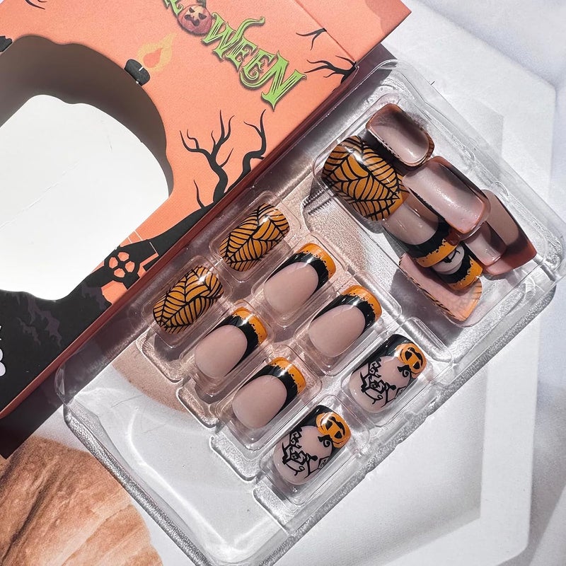WULIUFLY Mountain region eligible ship Halloween Press on Nails Short Square Fake Nails French Tip Acrylic Nails Kit with Pumpkin Spider Web Design Full Cover Artificial False Nails Halloween Nails Short Glue on Nails for Women 24Pcs Simple multifunctional build - Image 3