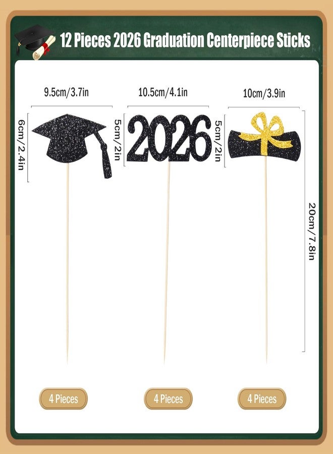 MixTeach 12 Pieces Glitter Graduation Centerpiece Sticks, 2026 Centerpiece Sticks, 2026 Picks Cake Topper Floral Picks for Class of 2026 High School College Graduation Party (Black) - Image 2