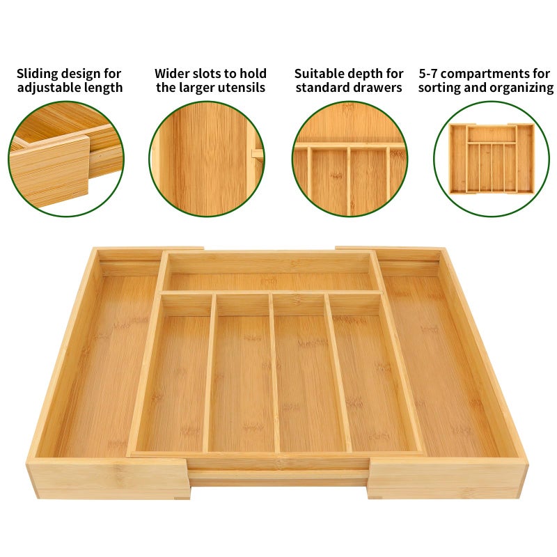 VaeFae Bamboo Drawer Organizer, Expandable Silverware Drawer Organizer, Cutlery Tray with Dividers for Kitchen Utensils, Medium - Image 4
