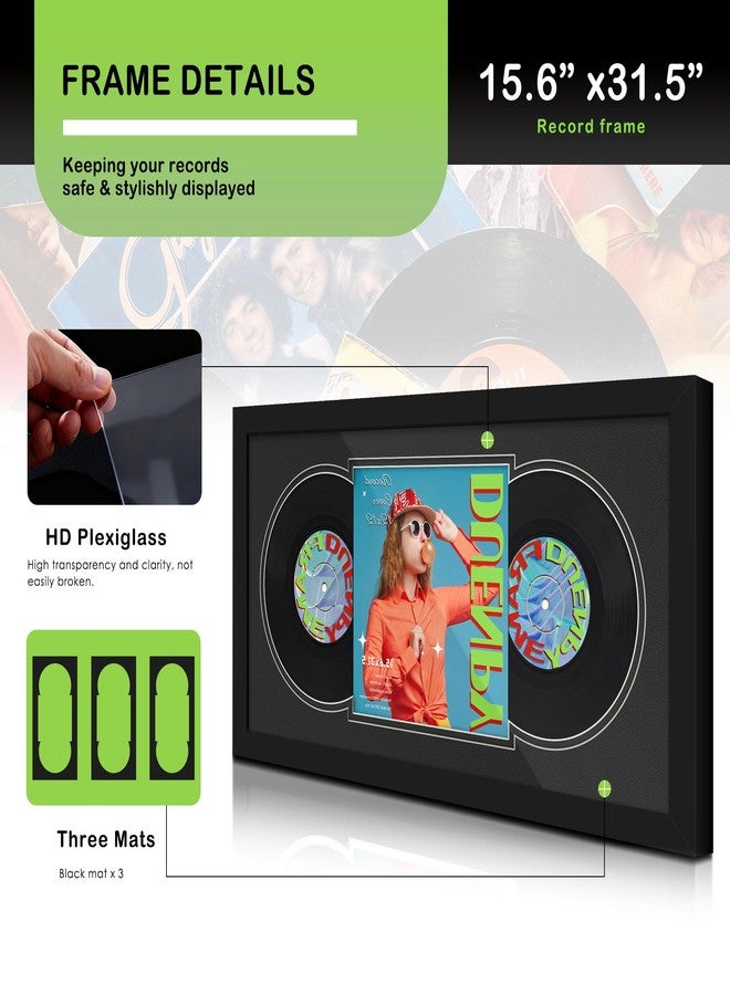 DUENPY Vinyl Record Display Frame 15.6x31.5 Inches Display Record Album and 12.5x12.5 Album Cover Art Wall Mount Double Black Mat - Image 4