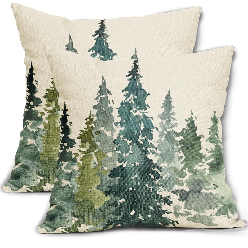 Aytipun Watercolor Tree Pillow Covers 18x18 Set of 2 Green Teal Forest Rustic Nature Themed Decorative Throw Pillows Winter Christmas Outdoor Farmhouse Linen Cushion Case Decor for Sofa Couch Bed - Image 1