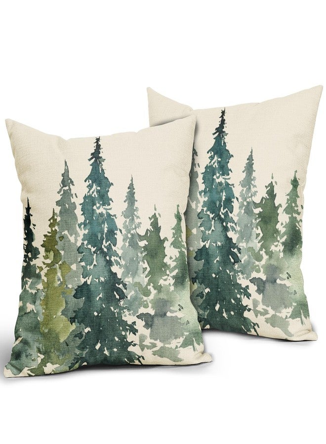 Aytipun Watercolor Tree Pillow Covers 18x18 Set of 2 Green Teal Forest Rustic Nature Themed Decorative Throw Pillows Winter Christmas Outdoor Farmhouse Linen Cushion Case Decor for Sofa Couch Bed - Image 2