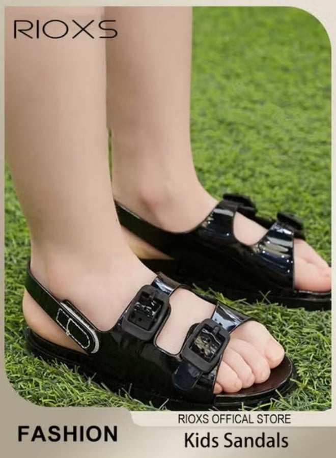 RIOXS Kids Flat Sandals, Double Buckle Sandals for Boys Girls, Non-Slip Water Sandals, Summer Open Toe Sandals, Lightweight Walking Sandals, Comfy Soft Sole Sandals,  Boys' Girls' Outdoor Beach Sandals, Adjustable Back Strap Sandal, Black Kids Unisex Footwear - Image 1