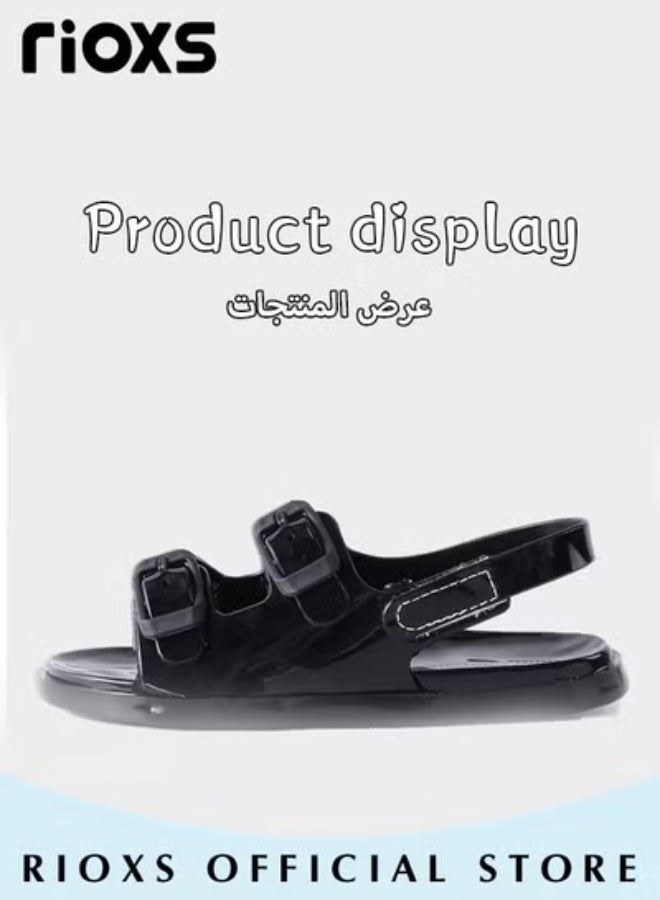RIOXS Kids Flat Sandals, Double Buckle Sandals for Boys Girls, Non-Slip Water Sandals, Summer Open Toe Sandals, Lightweight Walking Sandals, Comfy Soft Sole Sandals,  Boys' Girls' Outdoor Beach Sandals, Adjustable Back Strap Sandal, Black Kids Unisex Footwear - Image 2