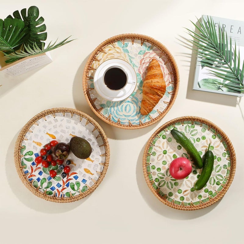 KASTWAVE Tray Round, Mother of Pearl Inlay Handwoven Rattan Serving Tray with Wooden Base, Decorative Wicker Basket for Bread, Fruit, Coffee, Starfruit Design - Image 4