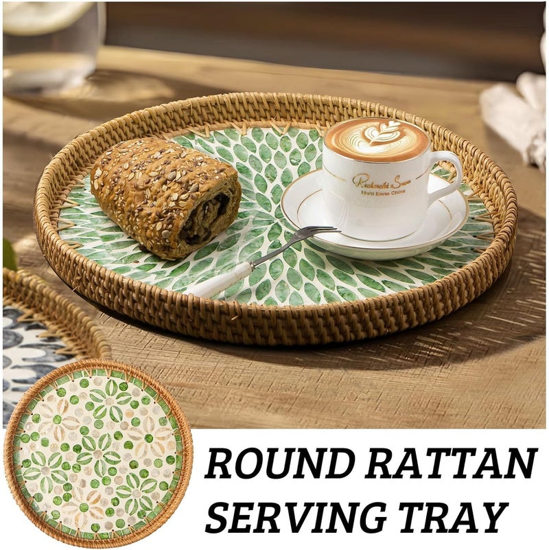 KASTWAVE Tray Round, Mother of Pearl Inlay Handwoven Rattan Serving Tray with Wooden Base, Decorative Wicker Basket for Bread, Fruit, Coffee, Starfruit Design - Image 5