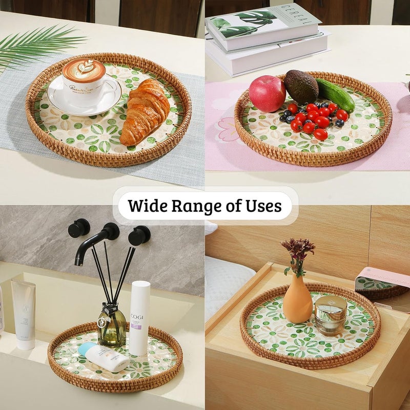 KASTWAVE Tray Round, Mother of Pearl Inlay Handwoven Rattan Serving Tray with Wooden Base, Decorative Wicker Basket for Bread, Fruit, Coffee, Starfruit Design - Image 2