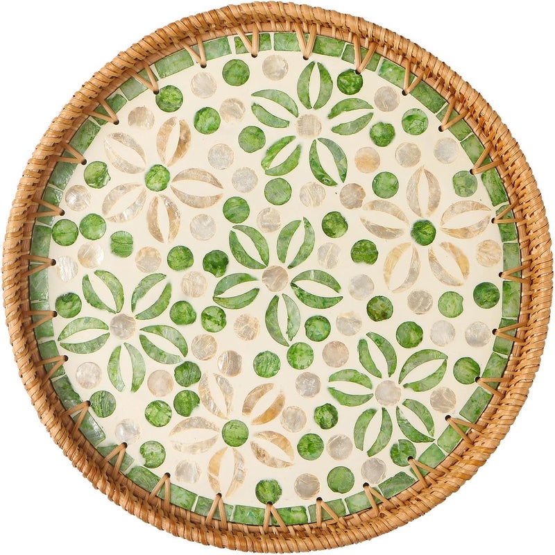 KASTWAVE Tray Round, Mother of Pearl Inlay Handwoven Rattan Serving Tray with Wooden Base, Decorative Wicker Basket for Bread, Fruit, Coffee, Starfruit Design - Image 1