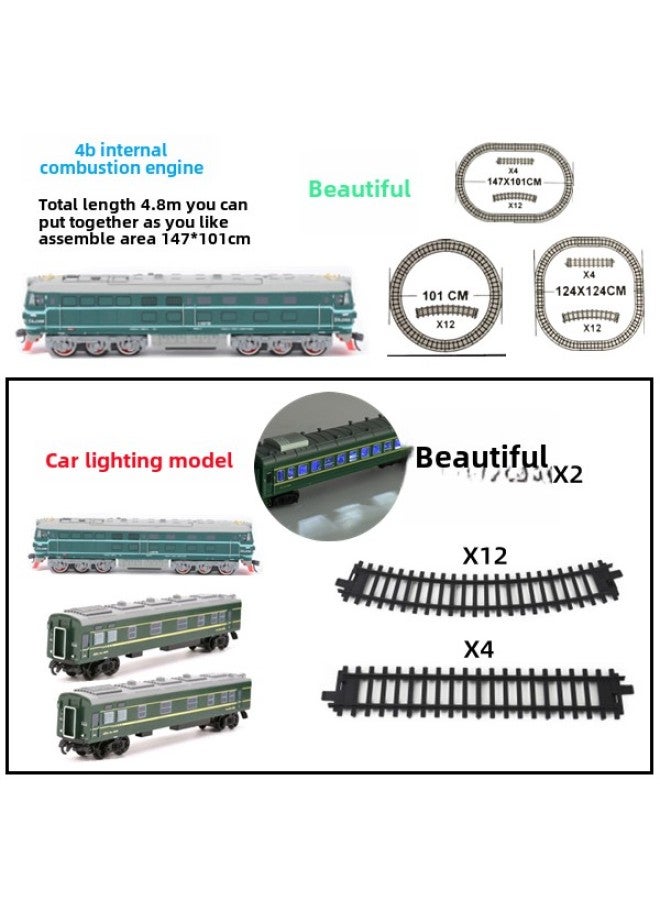 A18 Electric Green Leather Dongfeng 4B Internal Combustion Engine Train Track Luminous Carriage Toy High-speed Rail Train Suit Model-Color:Watermelon Head + 4.8m Track + 2 Green Bus Lighting Models-Scale:Rechargeable Aa Battery - Image 1