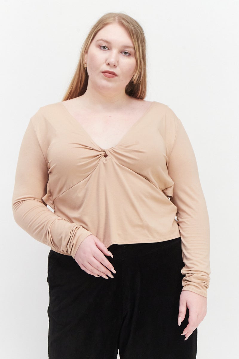 Asos Luxe Women Curvy Fit V-Neck Long Sleeve Solid Top, Tan - Image 1