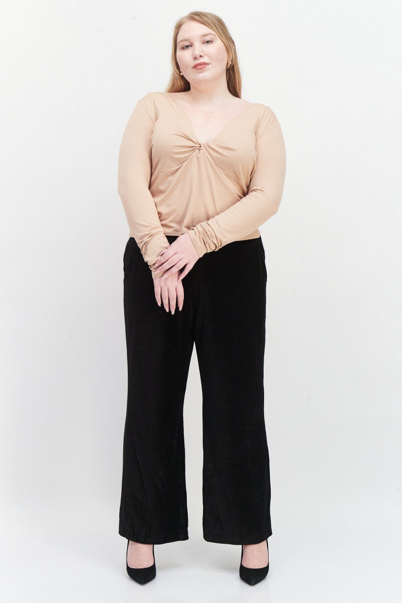 Asos Luxe Women Curvy Fit V-Neck Long Sleeve Solid Top, Tan - Image 3