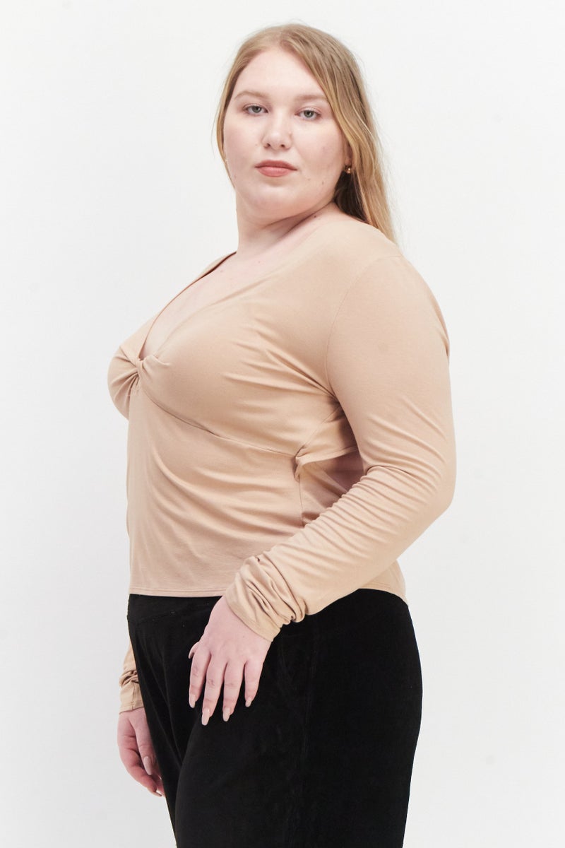 Asos Luxe Women Curvy Fit V-Neck Long Sleeve Solid Top, Tan - Image 2