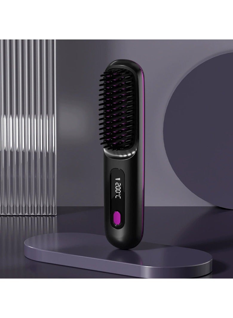 مشط شعر لاسلكي جديد بشاشة LCD، مكواة فرد شعر كهربائية قابلة لإعادة الشحن، مكواة فرد شعر محمولة باللون الأسود - Image 1