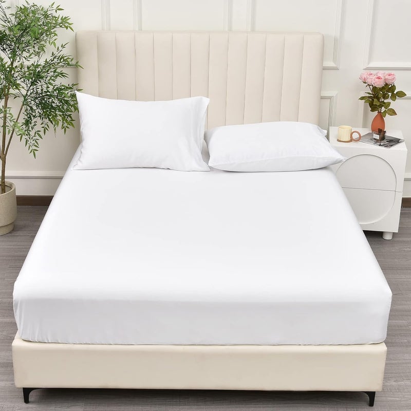 PHF 100% Rayon Derived from Bamboo Cooling Fitted Sheet in Twin Size (100cm x 150cm), 40cm Deep Pocket, 2.5cm Wider Strong Elastic, Silky Smooth, White - Image 1