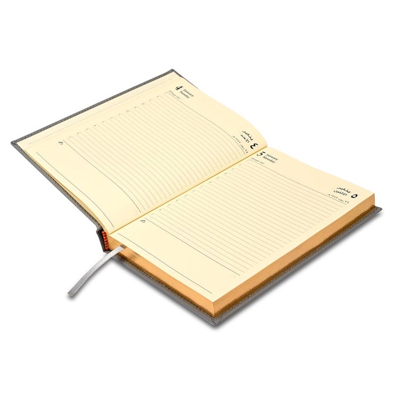 FIS 2026 Golden A5 Diary, 148x210mm, 1 Side Padded Italian PU Cover Materials, Gold Gilded Edges & Sewn Cover, Arabic/English, 70gsm Italian Ivory Paper, Grey Cover-FSDI26AEG26GY - Image 3