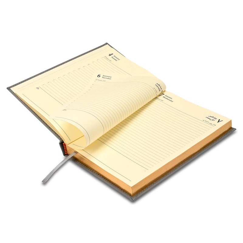 FIS 2026 Golden A5 Diary, 148x210mm, 1 Side Padded Italian PU Cover Materials, Gold Gilded Edges & Sewn Cover, Arabic/English, 70gsm Italian Ivory Paper, Grey Cover-FSDI26AEG26GY - Image 4