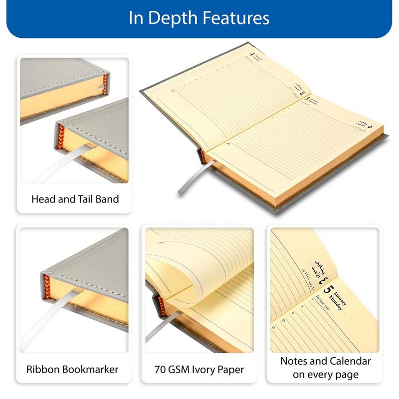 FIS 2026 Golden A5 Diary, 148x210mm, 1 Side Padded Italian PU Cover Materials, Gold Gilded Edges & Sewn Cover, Arabic/English, 70gsm Italian Ivory Paper, Grey Cover-FSDI26AEG26GY - Image 5