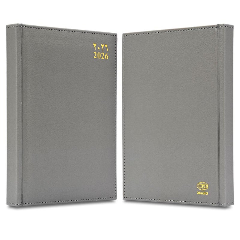 FIS 2026 Golden A5 Diary, 148x210mm, 1 Side Padded Italian PU Cover Materials, Gold Gilded Edges & Sewn Cover, Arabic/English, 70gsm Italian Ivory Paper, Grey Cover-FSDI26AEG26GY - Image 2