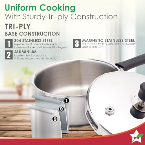 Wonderchef Nigella Triply Stainless Steel Pressure Cooker 2L, Outer Lid, Gas, Induction Compatible & Ceramic Cooktop, ISI Certified, Da Vinci Collection, Uniform Heating, 5-Year Warranty - Image 5