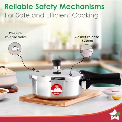 Wonderchef Nigella Triply Stainless Steel Pressure Cooker 2L, Outer Lid, Gas, Induction Compatible & Ceramic Cooktop, ISI Certified, Da Vinci Collection, Uniform Heating, 5-Year Warranty - Image 3