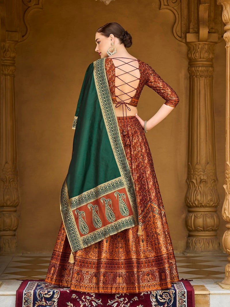PURVAJA Women's Kanjiwaram Semi-Stitched Lehenga choli (Nadira-Rust_Free Size) - Image 3