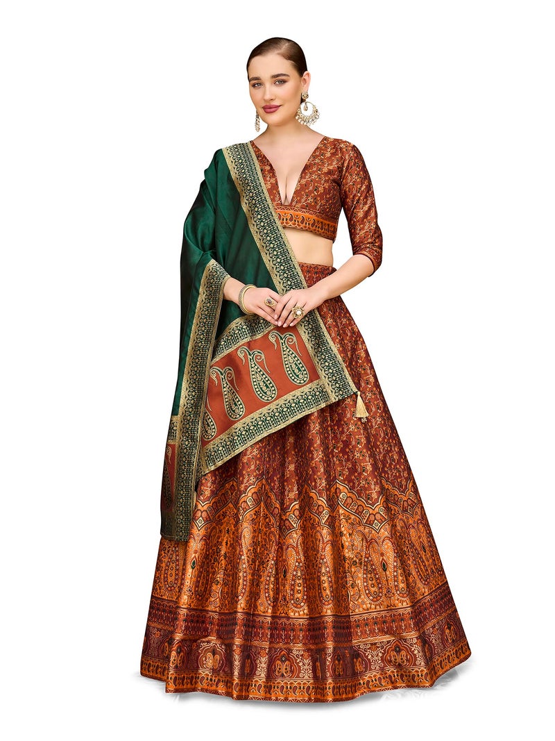 PURVAJA Women's Kanjiwaram Semi-Stitched Lehenga choli (Nadira-Rust_Free Size) - Image 1