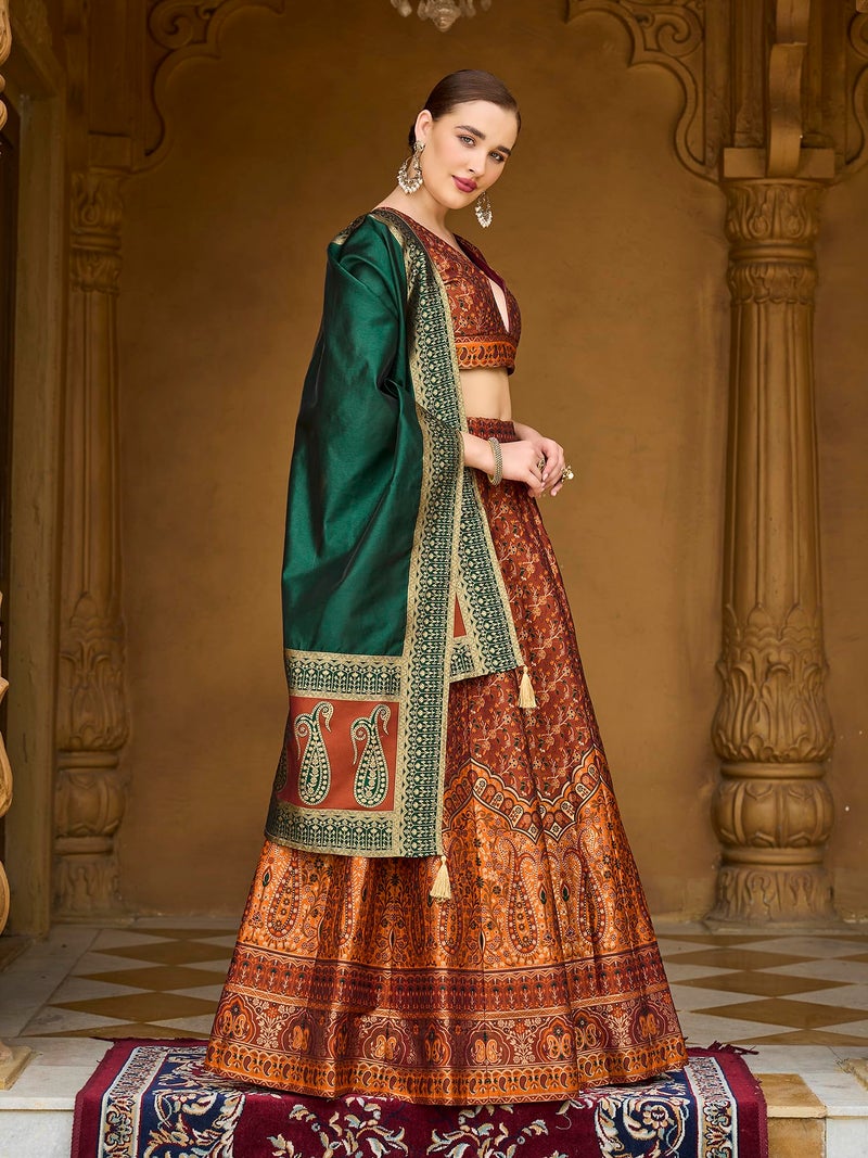 PURVAJA Women's Kanjiwaram Semi-Stitched Lehenga choli (Nadira-Rust_Free Size) - Image 2