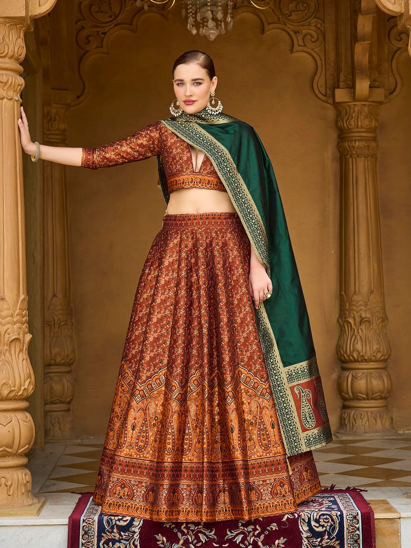 PURVAJA Women's Kanjiwaram Semi-Stitched Lehenga choli (Nadira-Rust_Free Size) - Image 4
