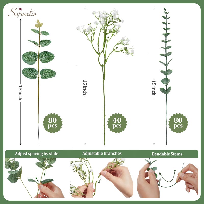 Serwalin 200 Pcs Mixed Artificial Eucalyptus Stemsï¼ŒBabys Breath Artificial Flowers Bulk with Artificial Fake Greenery Stems for Wedding DIY Bouquets Floral Arrangement Home Decor - Image 3