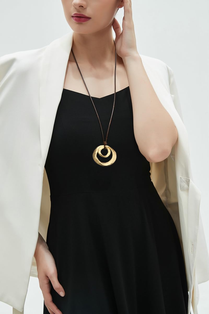 joymiao Large Pendant Necklace for Women Hippie Boho Long Black Cord Necklace with Gold Double Layer Circle Statement Pendant - Image 3