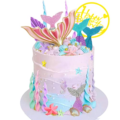DiDida Mermaid Cake Topper Big Mermaid Tails Seaweed Starfishes Shells and Palm Leaves Cake Set for Mermaid Under the sea Cake Decor - Image 4