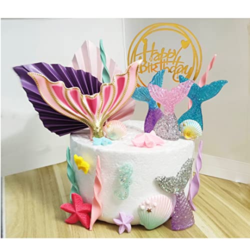 DiDida Mermaid Cake Topper Big Mermaid Tails Seaweed Starfishes Shells and Palm Leaves Cake Set for Mermaid Under the sea Cake Decor - Image 3