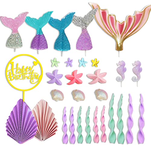 DiDida Mermaid Cake Topper Big Mermaid Tails Seaweed Starfishes Shells and Palm Leaves Cake Set for Mermaid Under the sea Cake Decor - Image 2