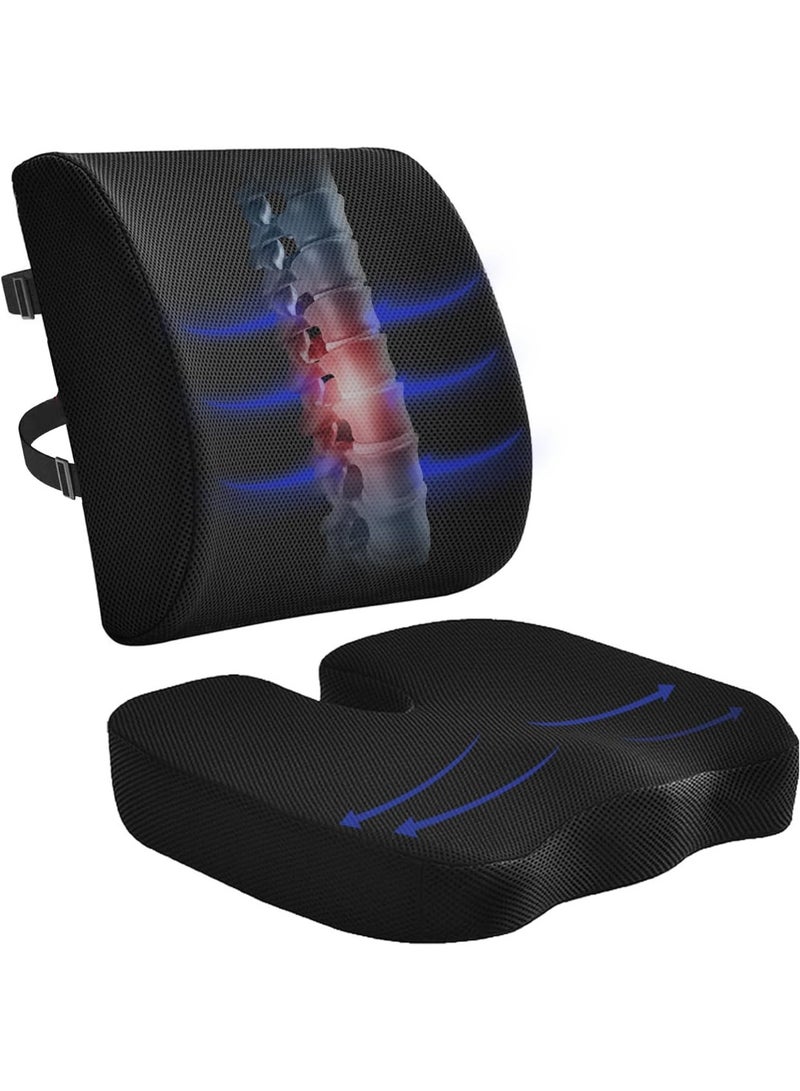 Memory Foam Seat Cushion and Lumbar Support Pillow Set for Office Chair Car and Wheelchair, Ergonomic Coccyx and Lower Back Support for Comfortable Sitting - Image 1