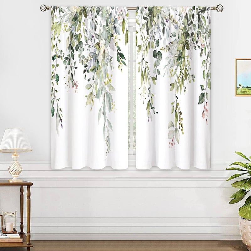 oolygoo Sage Green Eucalyptus Leaves Window Curtains Flower Watercolor Floral BotanicalPlant Wildflower Farmhouse Curtain Drapes Herb Curtains for Bedroom Living Room Treatment 2 Panels 29Wx63H Inch - Image 1