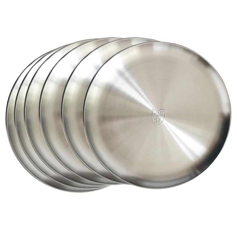 PHOJEWI 10 Inch Stainless Steel Dinner Plates Set of 6 Metal Food Tray Dishes Plates for Kids Feeding Serving Lunch Steak Plates Outdoor Camping Reusable Unbreakable and Dishwasher Safe