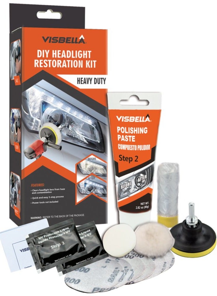 Visbella Visbella DIY Headlight Restoration Kit | Headlight Renewal with Protectant | Fix, Remove, Buff, and Polish Cloudy Headlights, Taillights, Fog Lights, and Directional Lights  - Image 1