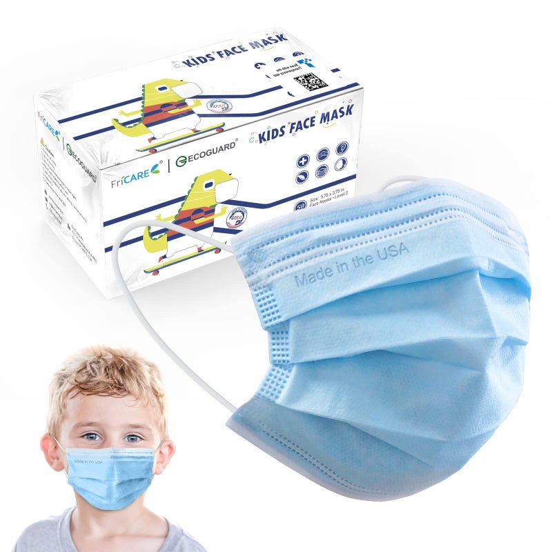 FriCARE FriCARE Kids Face Masks Made in USA 3Ply Disposable Mask for Children ASTM Level 3 Medical Grade FSAHSA Eligible Breathable Comfortable for AllergySun Protection 50 Pack Blue