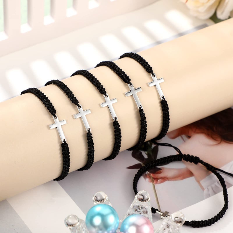 Jadive سوار جديف 12 قطعة للصليب للنساء والرجال يسوع مسيحي يدوي الصنع حبل نايلون قابل للتعديل مضفر سوار متطابق لعيد الميلاد والمعمودية والهدايا المحظوظة (أسود) - Image 3