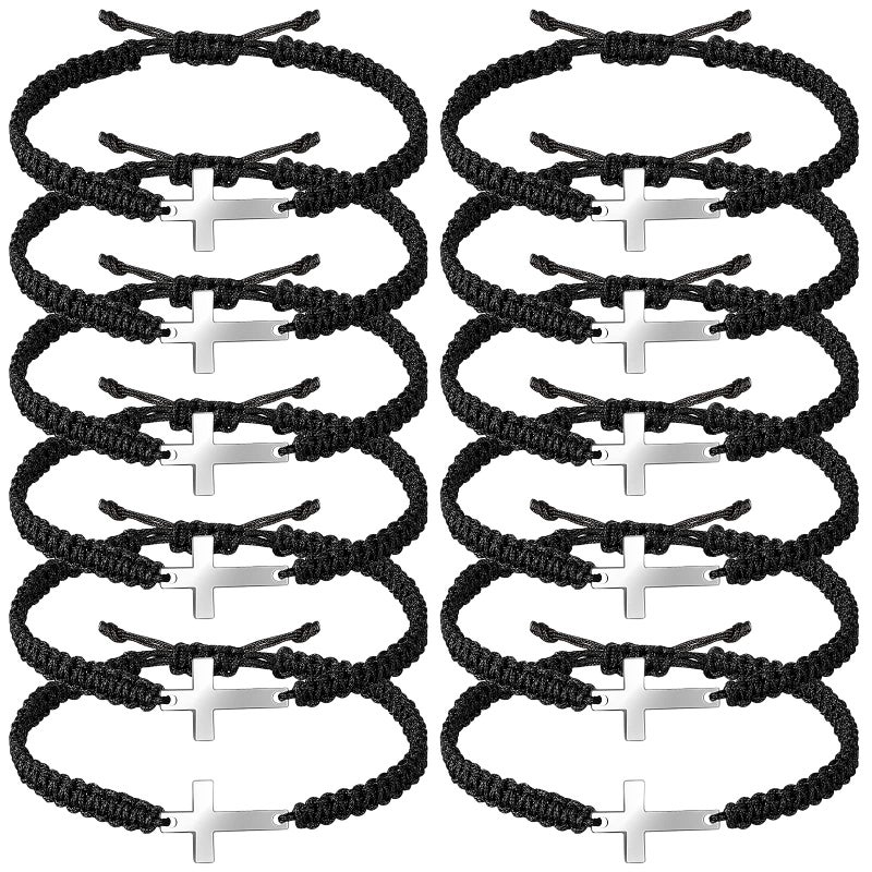 Jadive سوار جديف 12 قطعة للصليب للنساء والرجال يسوع مسيحي يدوي الصنع حبل نايلون قابل للتعديل مضفر سوار متطابق لعيد الميلاد والمعمودية والهدايا المحظوظة (أسود) - Image 1