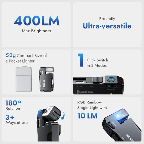 WUBEN مصباح يدوي قابل لإعادة الشحن WUBEN G5، 400 لومن، مصباح صغير بمصادر ضوء مزدوجة مع ضوء RGB، مصابيح جيب مسطحة محمولة، مصباح يدوي مع حلقة مفاتيح مغناطيسية للطوارئ المنزلية والخارجية (أسود) - Image 2