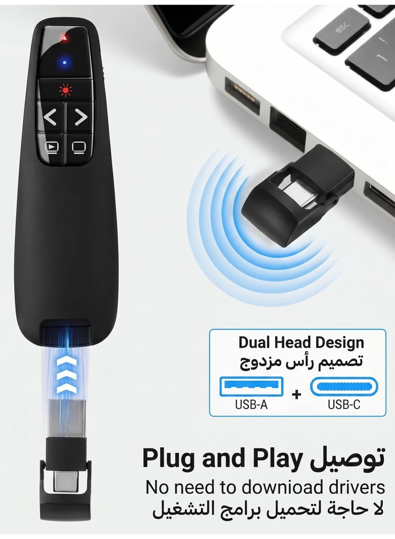 WIRELESS R400 Wireless Presenter 2.4GHz USB Presenter Red Laser Pointer PPT Clicker with USB & Type-C Receiver for Windows Mac OS, 1 Battery Included - Image 2