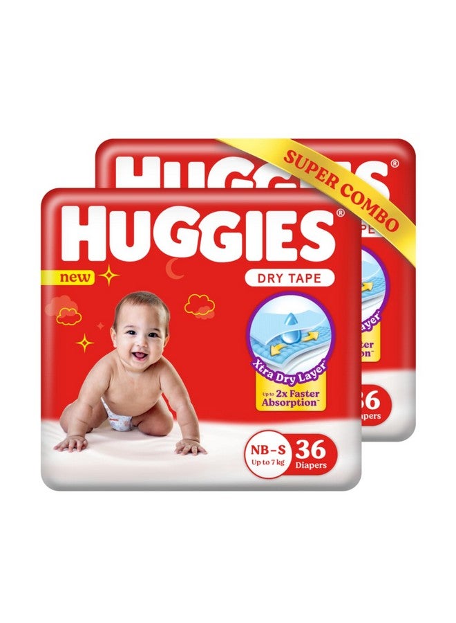 HUGGIES شريط جاف | حفاضات قابلة للتعديل للذكور والإناث حديثي الولادة - الحجم S، 72 قطعة | امتصاص أسرع حتى 2X، امتصاص طوال الليل حتى 12 ساعة، مثالي للوزن من 0-7 كجم - Image 1