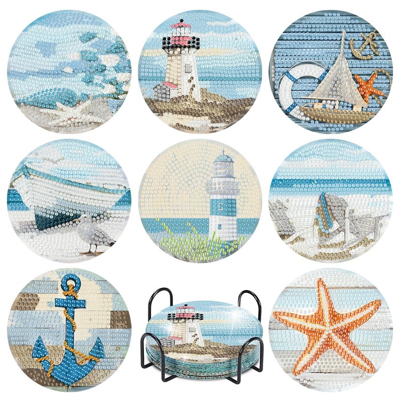 askkqtx 8 Pcs Beach Diamond Art Coasters Kits with Holder, Sea Diamond Painting Coasters Kits for Adults, Light House DIY 5D Diamond Dots Small Mini Kit Full Drill Art Craft Supplies 4X4 Inch - Image 1